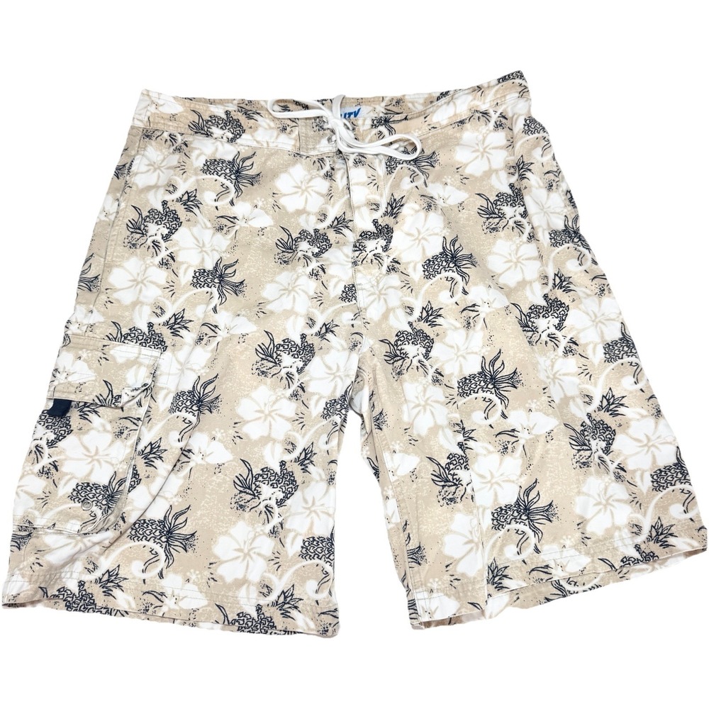 Mens Y2K Hawaiian Print Relaxed Cargo Shorts 36 Surfer Skater Floral Preppy Tiki